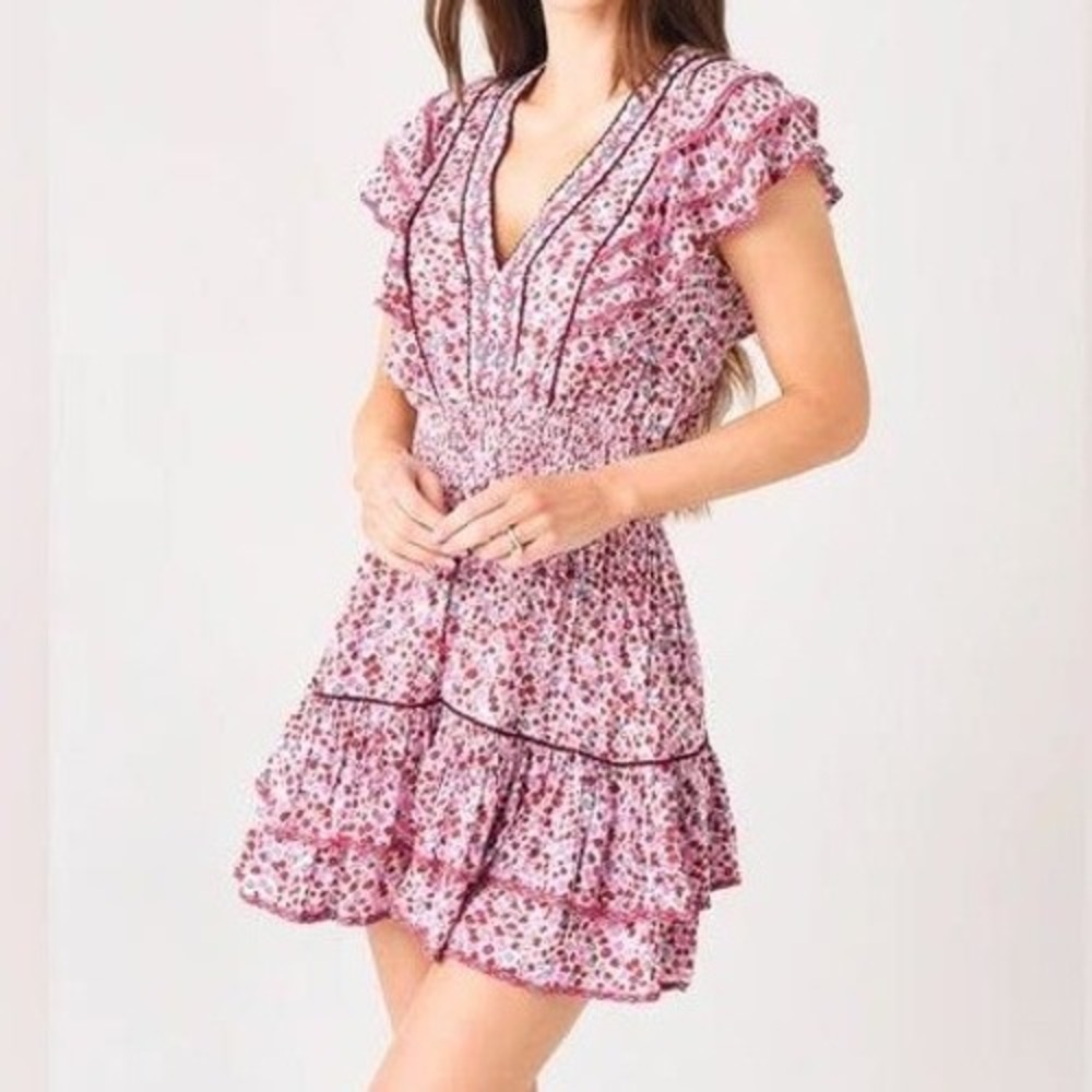 Poupette St Barth Camila Mini Dress S Floral Smocked Ruffle Boho Resort Beach